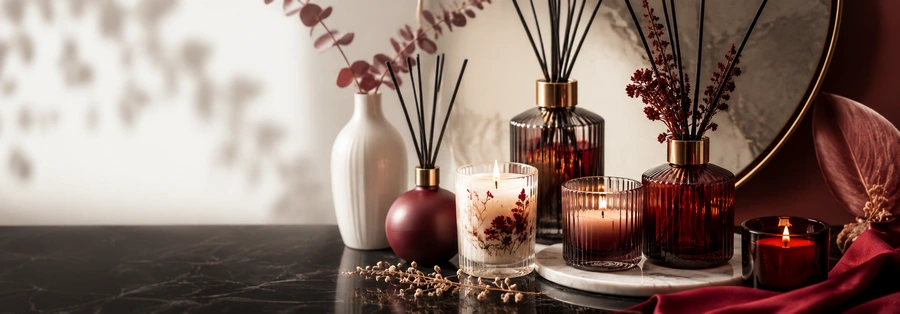Свечи, аромадиффузоры и вазы Candlemaker на тёмной мраморной поверхности